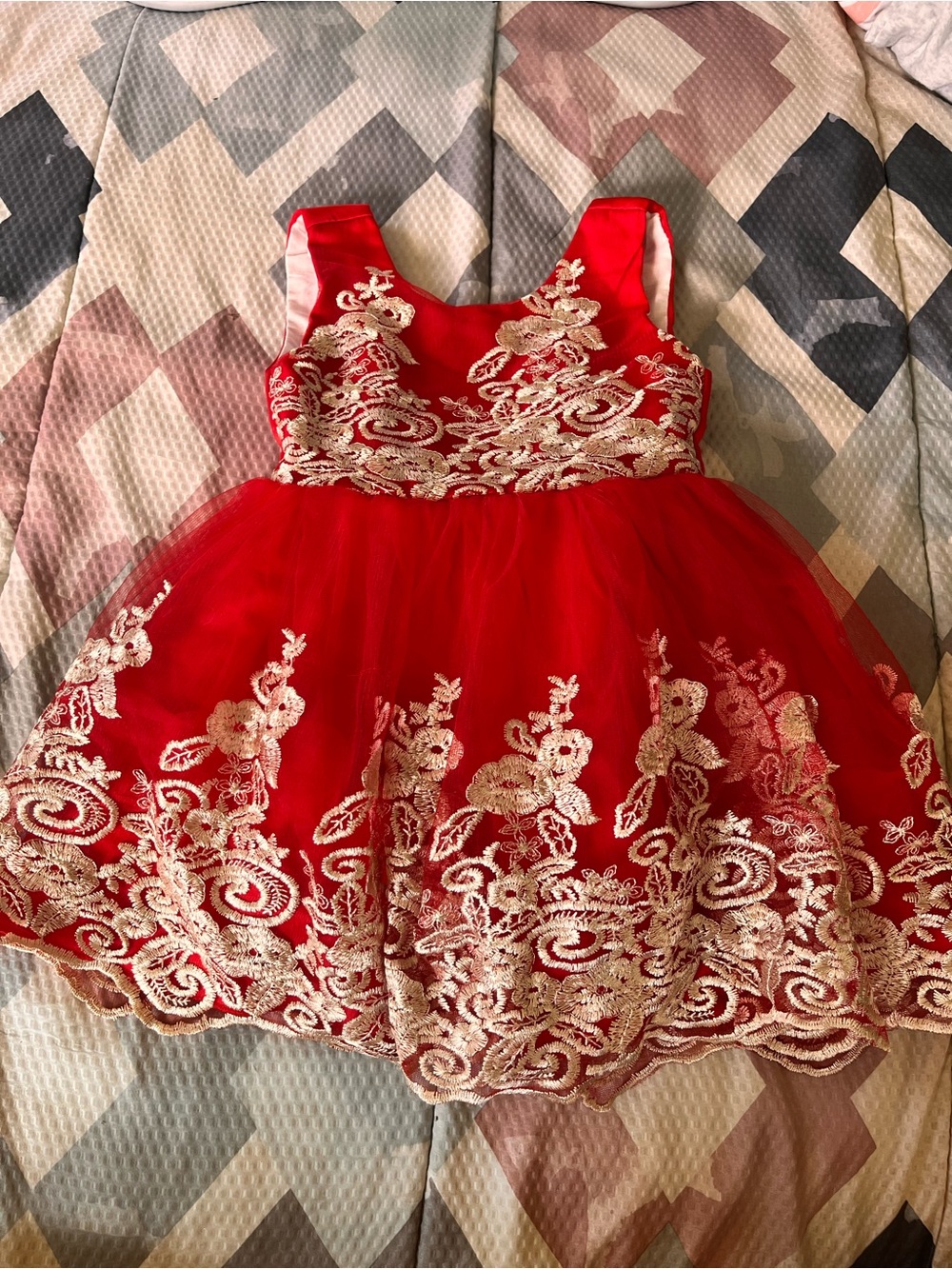 Red Girls' Formal Tulle Dress with Gold Embroidery